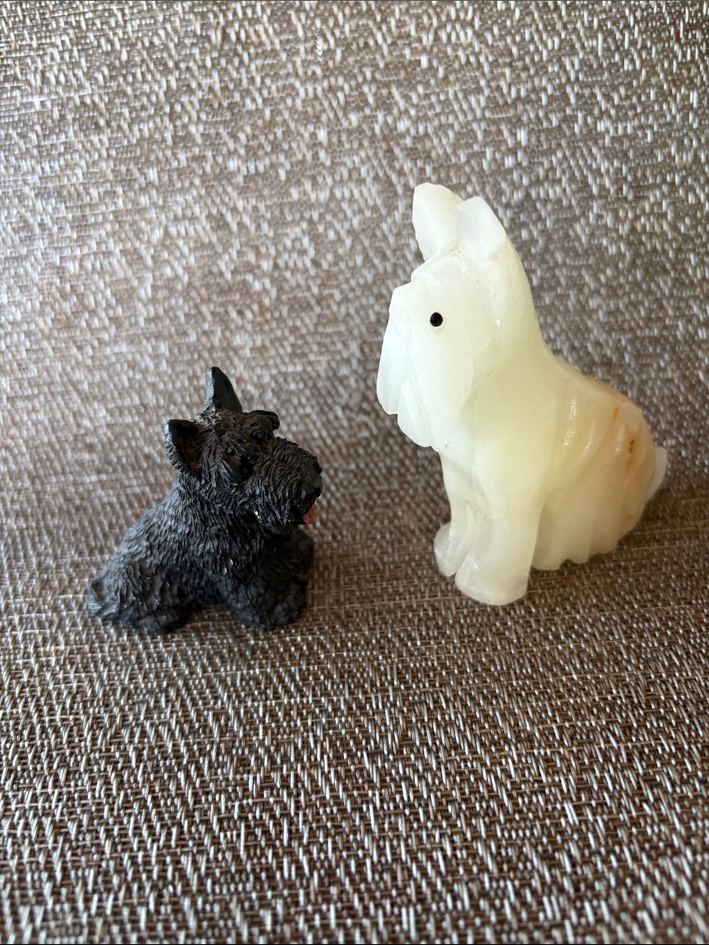 Two Vintage Scottie Dog Figurines Black Resin & White Carved Marble Onyx Stone